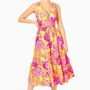 NWT Lilly Pulitzer Bri V-Neck Cotton Midi Dress Calla Yellow Floral Coral Size 0